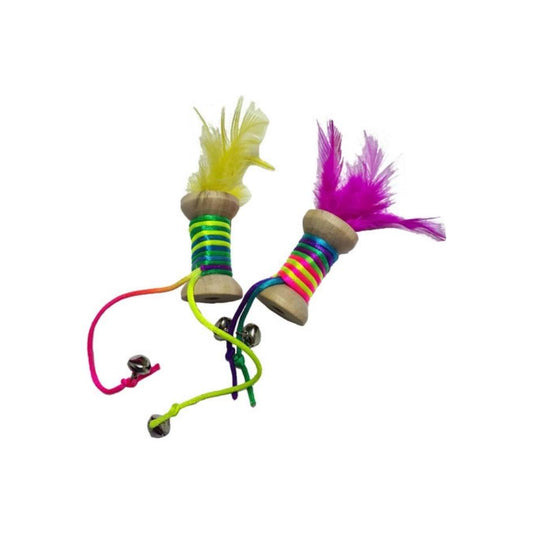 Wooden Toy With With Feathers, String & Bells 2 Pack